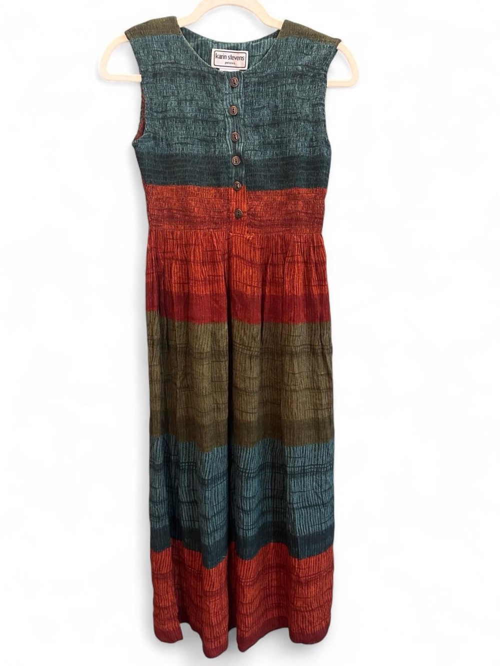 Vintage 80s/90s Karin Stevens Sleeveless Multi Colored Crinkle Maxi Dress Sz 6